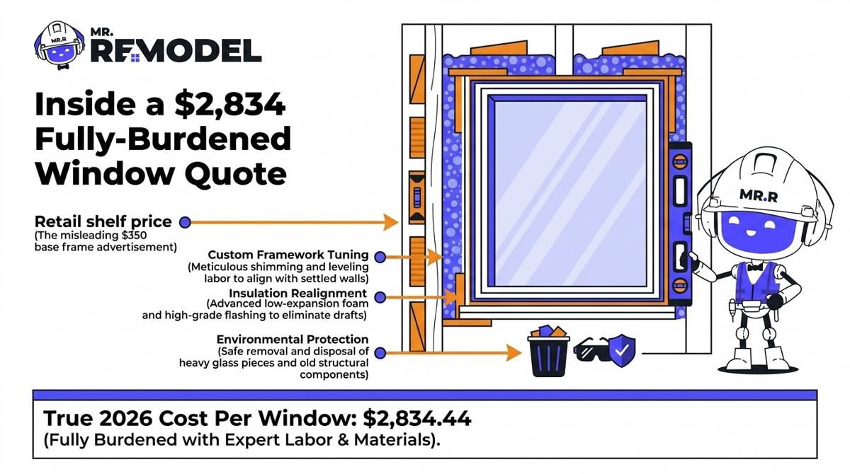 A technical infographic breaking down a single window replacement unit to explain how basic retail frames scale to a fully-burdened average of $2,834.44 per opening with labor, insulation, and framing adjustments.
